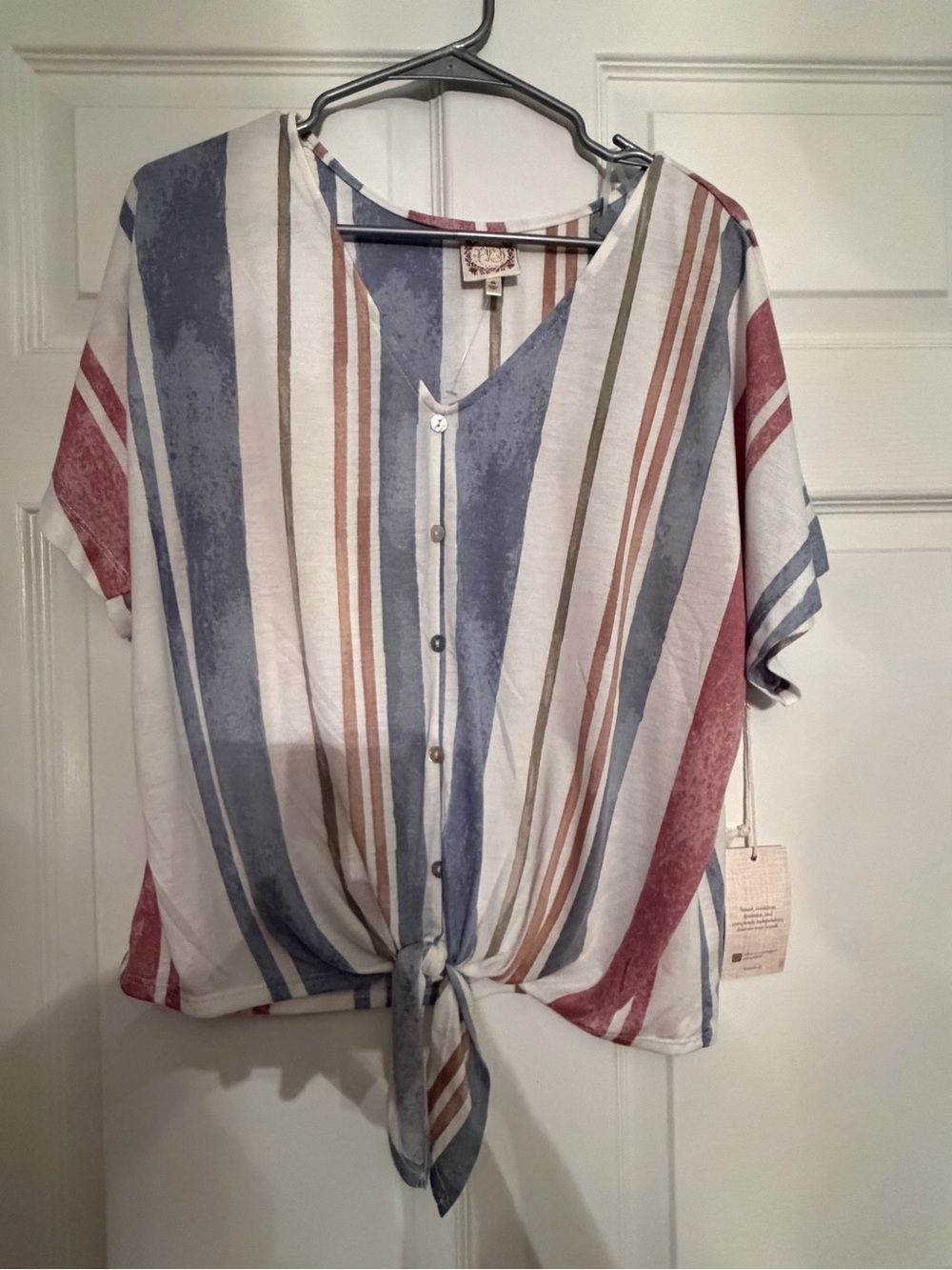Tie-Front V-Neck Striped Blouse in Blue, Red & Cream
